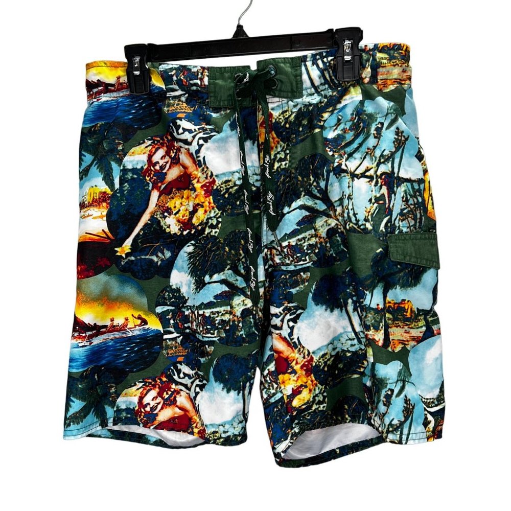 Beach Rays Board Swim Shorts size M Men Tropical Hawaiian Print Green Blue